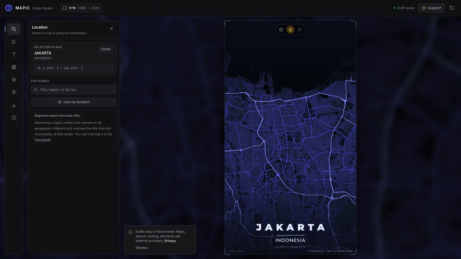 Mapic poster studio editing a Jakarta map poster