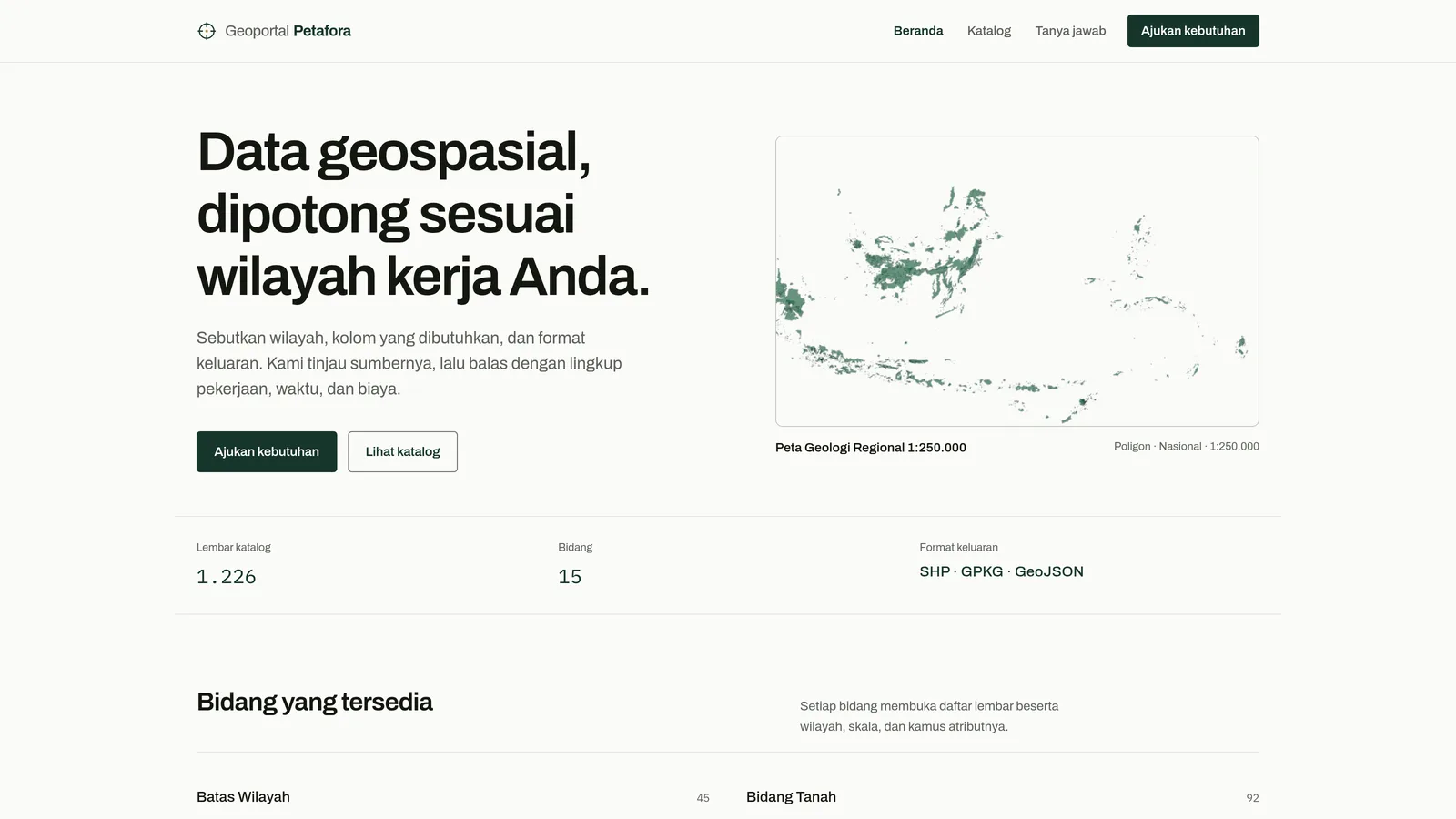 Geoportal Petafora homepage listing 15 spatial domains and 1,226 index sheets